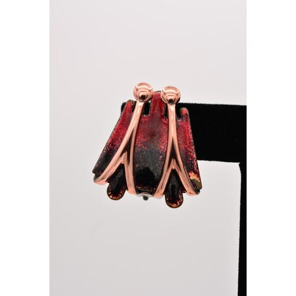 Matisse Renoir Vintage Copper Clip On Earrings Red Black Enamel Signed 60s BinZ - Picture 6 of 12